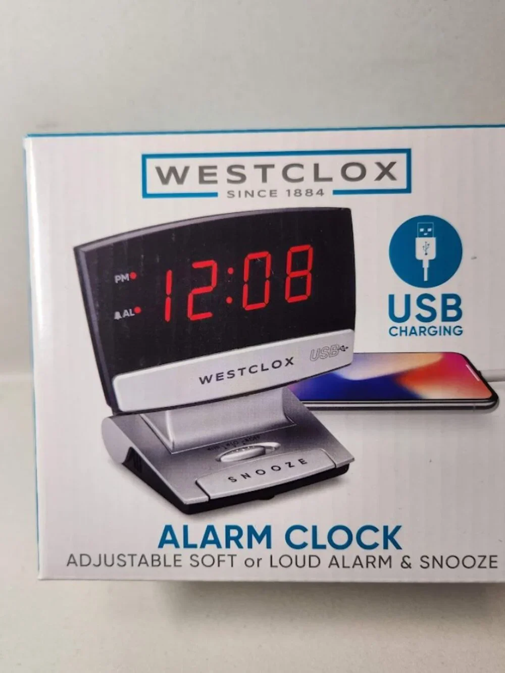 Digital Desk Table Alarm Clock with USB Charging Port Black Silver LED Large 0.9
